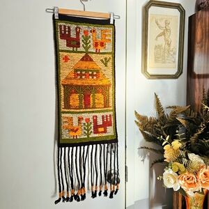 Vintage 70s Polish Kilim Handwoven Wool Wall Hanging Folk Art Tapestry Fringe